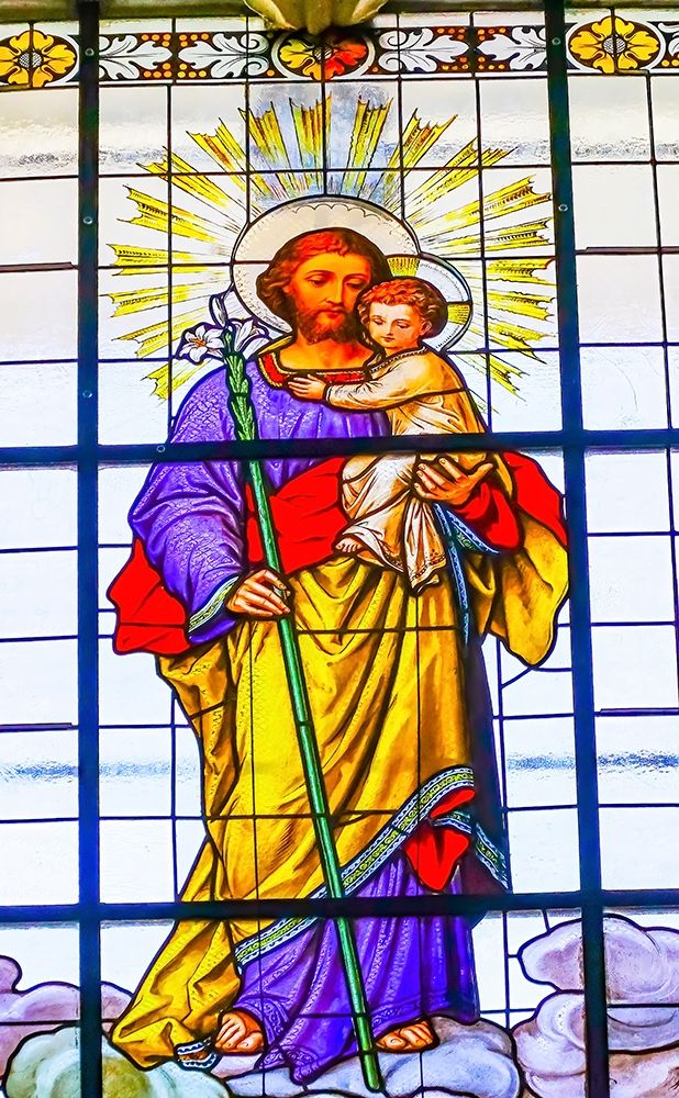Colorful Saint Joseph Father Baby Jesus Lily Stained glass Cathedral Puebla-Mexico